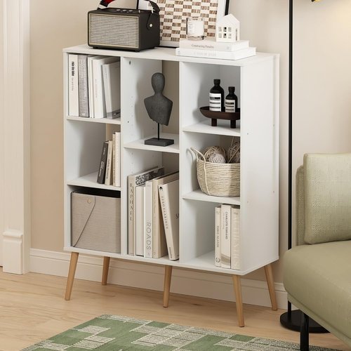Furinno Claude Mid Century Book Shelf - 8-Cube Storage Organizer with Wood Legs | White, 10.9 x 31.5 x 39.3
