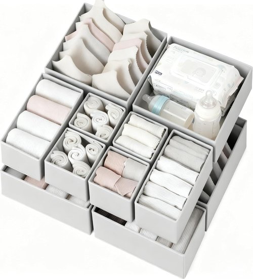Criusia Drawer Organizer - 12 Pack Clothes Storage Bins for Nursery & Bedroom - Grey Drawer Dividers for Socks, Underwear & Accessories