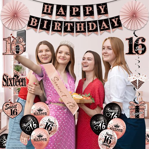 16th Birthday Decorations for Girls, 33pcs Sweet 16 Crown and Sash, Black Rose Gold Happy 16th Birthday Banner Balloons Backdrop Hanging Swirls Paper Fans, Sixteen Party Decorations Kit