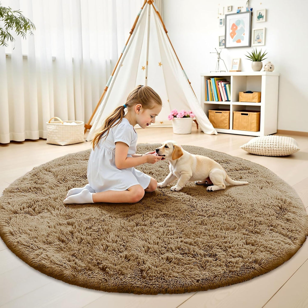 OLANLY Taupe Round Area Rug - Soft, Fluffy, Machine Washable 8 ft Circle Carpet for Bedroom & Living Room