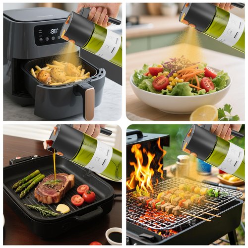 2026 Upgrade 2 in 1 Oil Sprayer for Cooking, 17oz Olive Oil Dispenser Bottle for Kitchen Gadgets with Stickers, Large Advanced Food Grade Light-Blocking Glass Spray Bottle for Salad, Air Fryer, BBQ