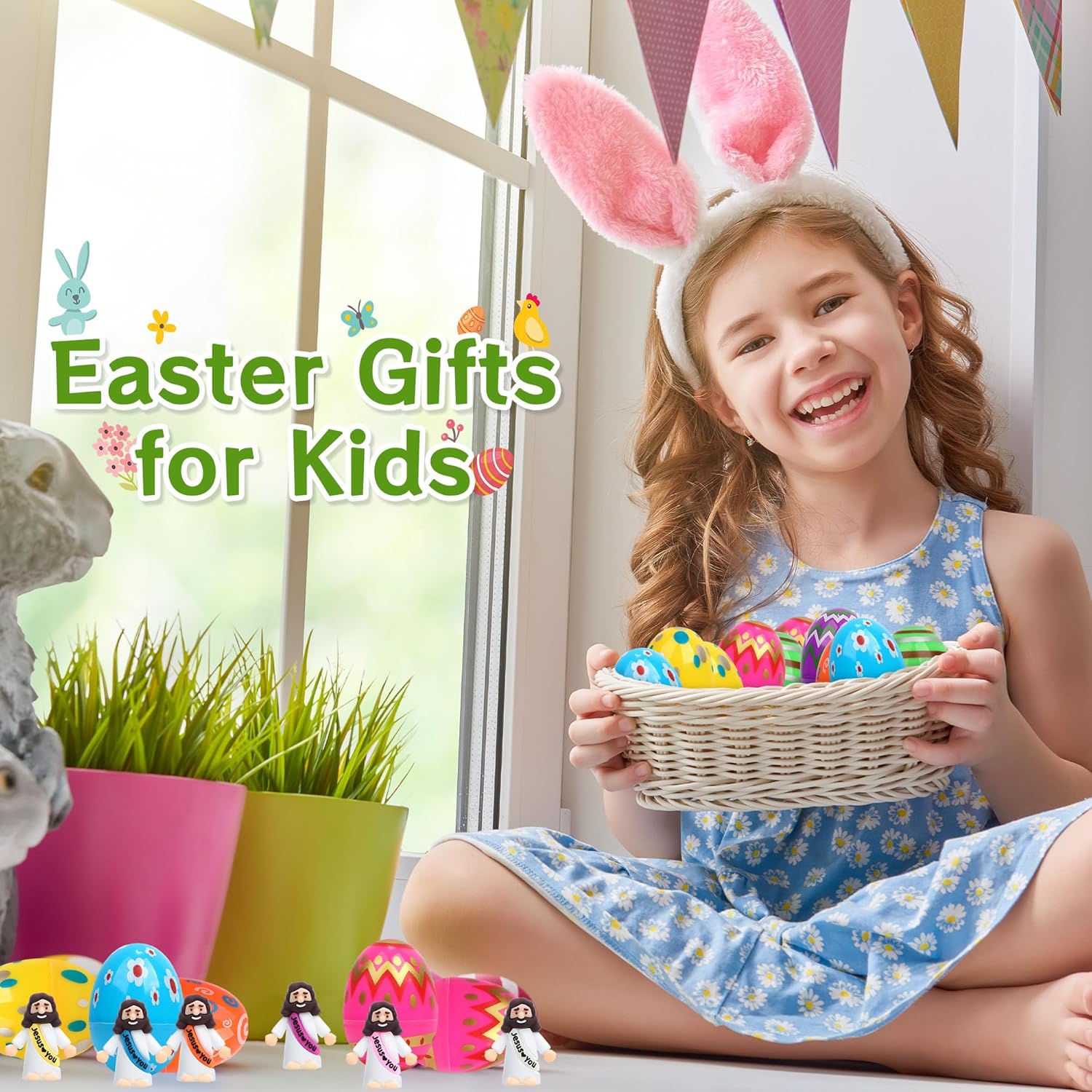 Skiennix Easter Basket Stuffers - 60 PCS Colorful Eggs & Religious Jesus Figurines for Kids