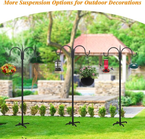 Feed Garden Adjustable Double Shepherds Hook - 76 Inch Heavy Duty Bird Feeder Pole | 5 Prong Base for Hanging Plants & Lanterns (2 Pack)