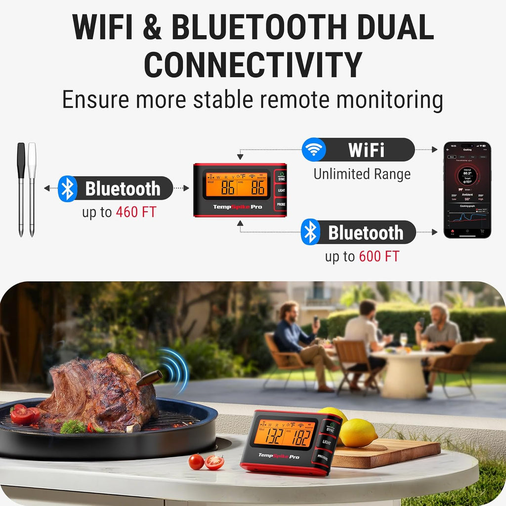 TempSpike Wireless Meat Thermometer - High Precision Bluetooth & WiFi BBQ Grill Thermometer | Waterproof Probes, Rechargeable Base