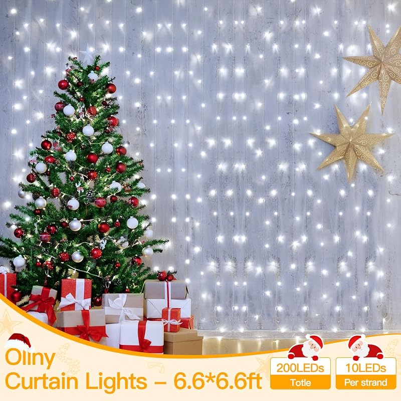 Ollny Curtain Lights 6.6x6.6ft 200 LED White with Remote – Cool White Variation