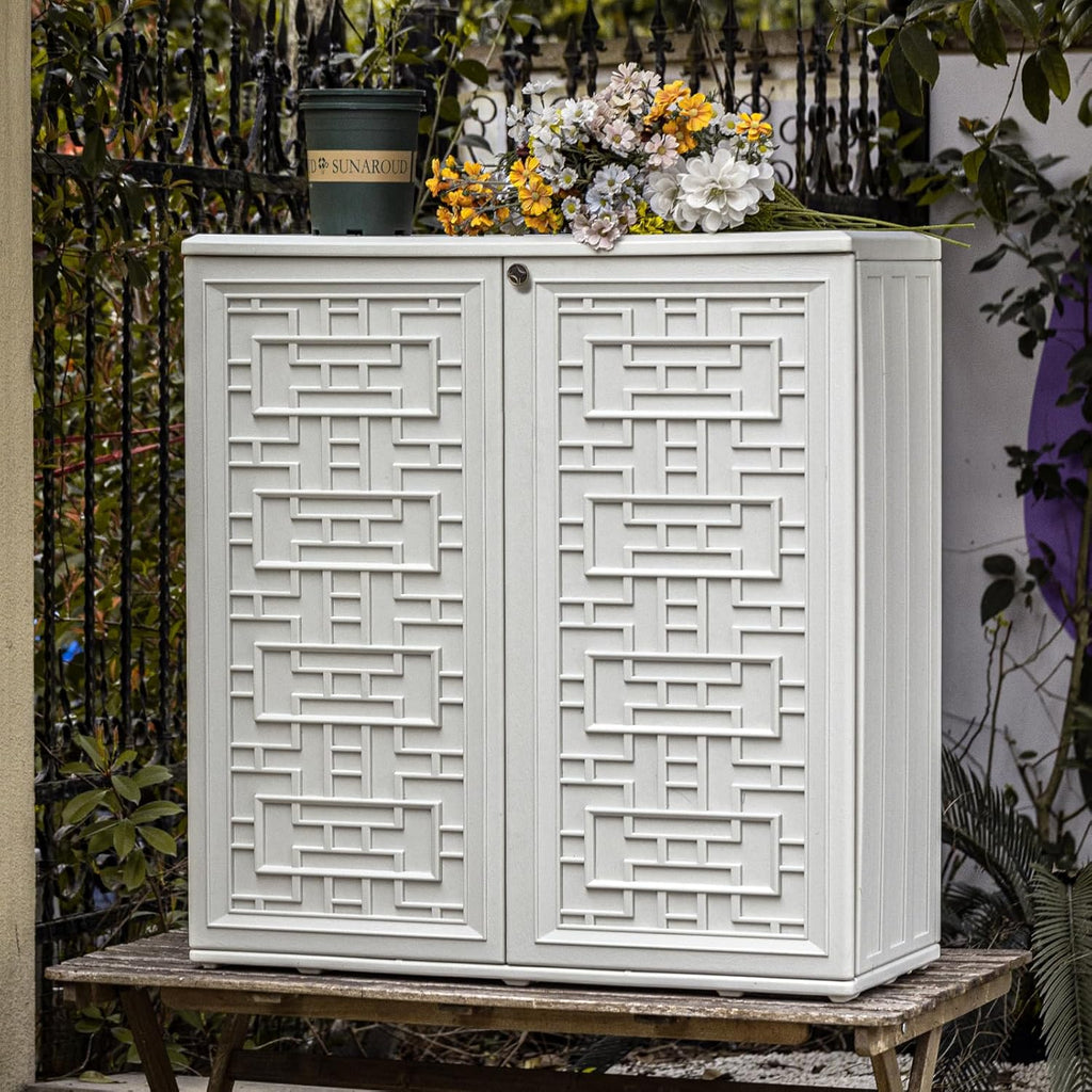 Mrosaa Waterproof Indoor Outdoor Storage Cabinet - Versatile Off-White Plastic for Patio & Garden | 34.3''L x 15''W x 36.2''H