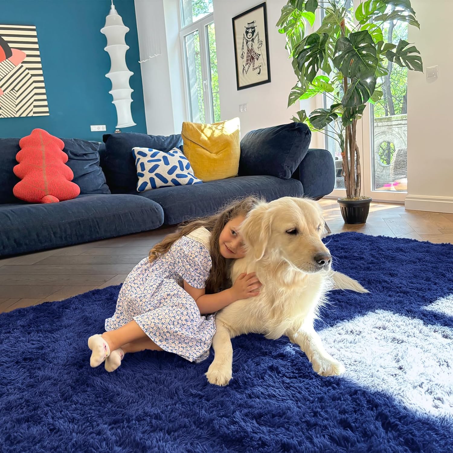 OLANLY Runner Rugs - Soft, Machine Washable Shaggy Carpet for Hallway & Bedroom | Navy Blue 2x5 ft