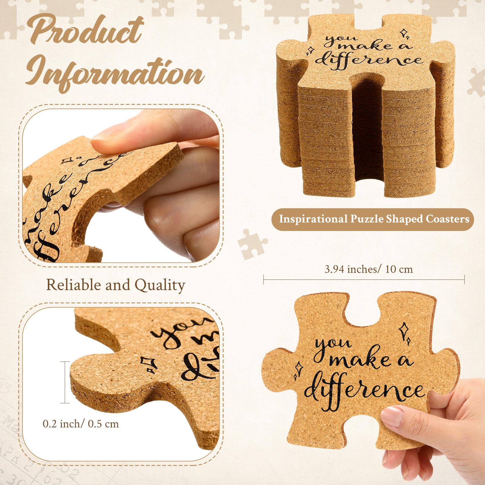 Hushee Inspirational Gift for Coworker Motivational Puzzle Piece Coasters Employee Appreciation Gifts with Cards Bags for Social Worker Staff Office(60 Pcs,You Make A Difference)