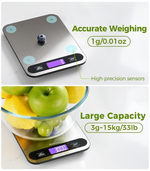 Atogou Digital Kitchen Scale - 33lb/15kg Capacity with Full View LCD Display & Durable Stainless Steel Surface | Black