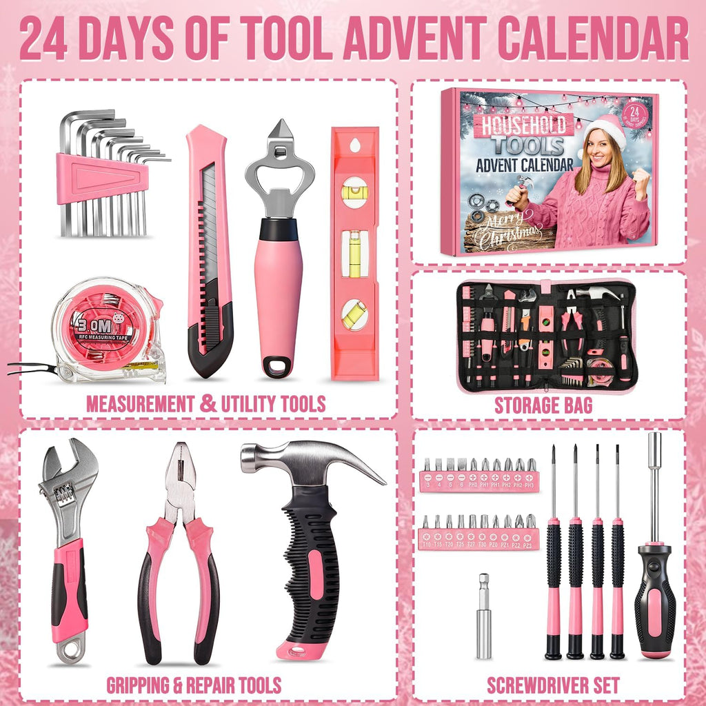 Skiennix Household Tool Advent Calendar - 24-Day Pink Countdown Kit for Women & Teens | Perfect Christmas Gift