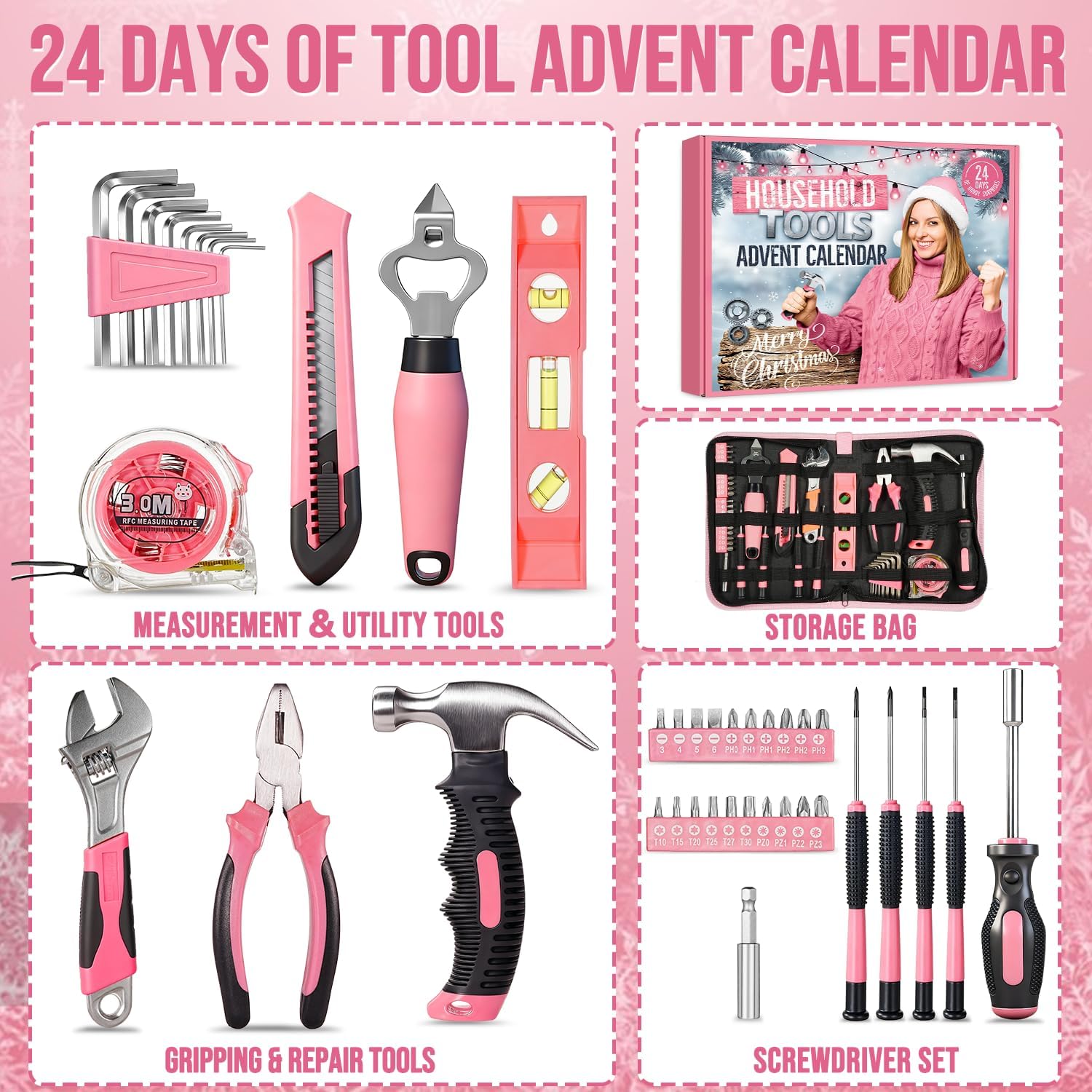 Skiennix Household Tool Advent Calendar - 24-Day Pink Countdown Kit for Women & Teens | Perfect Christmas Gift