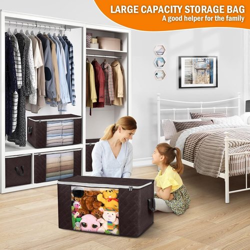 Budding Joy Foldable Large Blanket Storage Bags - 60L Capacity, Enhanced Handles, 6-Pack | Brown