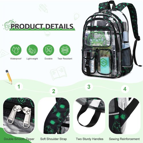 DIGOBAY 3PCS Cool Luminous Clear Backpack for Boys Kids, Gamer Bookbag for School, See Through PVC Transparent Backpacks with Lunch Bag Pencil Case, Clear Backpack Heavy Duty for School Stadium