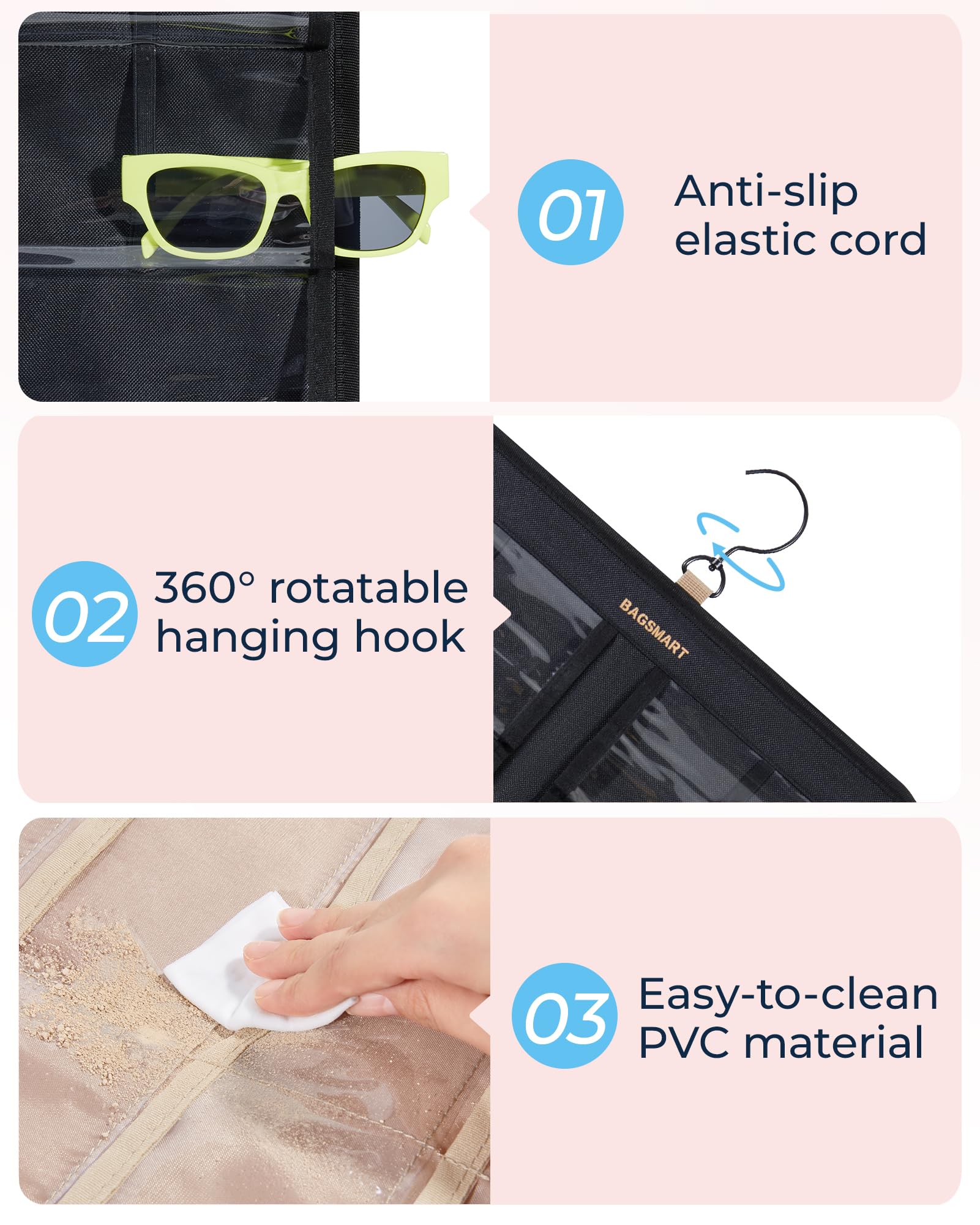 BAGSMART Hanging Jewelry Organizer, Dust Proof Sunglasses Storage Case Wall Mounted, Travel Dual Sided Glasses Case Multiple Pairs, Eyeglasses Holder with 32 Clear Slots & Metal Hook, Black