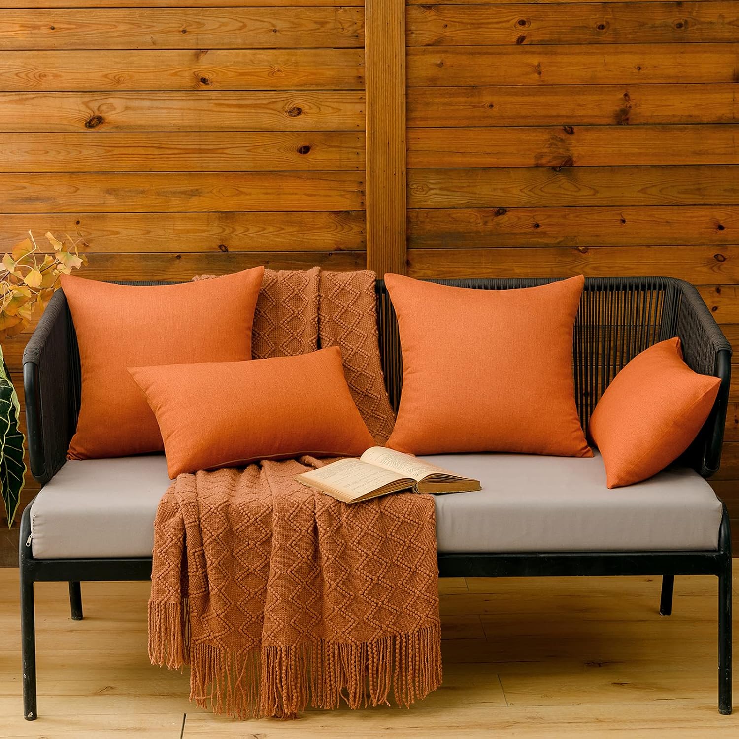 MIULEE Decorative Outdoor Throw Pillow Covers - Waterproof Faux Linen Cushion Cases | 26x26 Inch Orange, Pack of 2