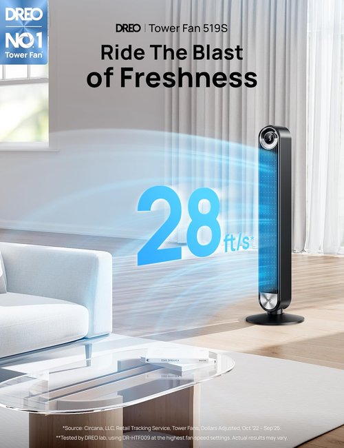 DREO Tower Fan - 90° Oscillating Standing Floor Fan with 28ft/s Velocity | 25dB Quiet Operation, 9 Speeds, Remote Control