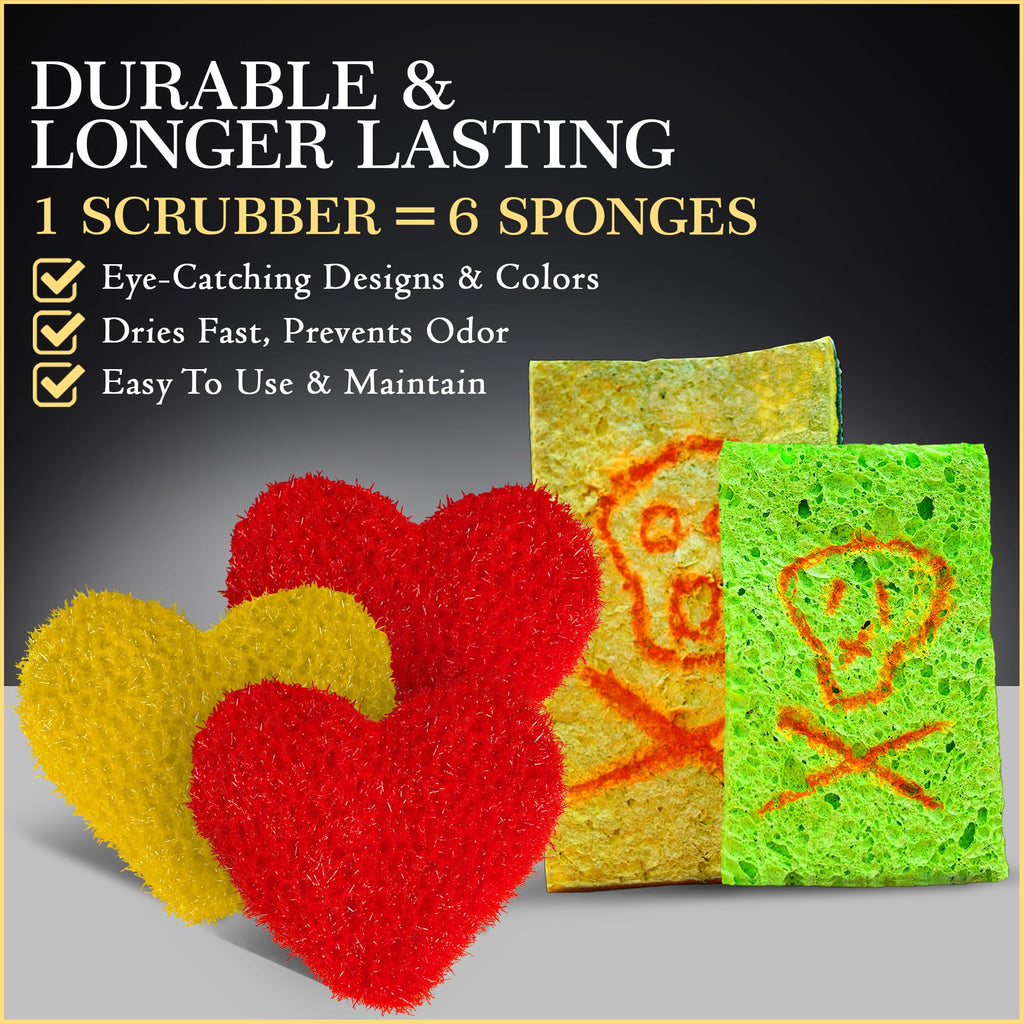 Dish Scrubber–Long Lasting, Non-Scratch, Odorless & Reusable Cookware Scrubber for Kitchen, Bathroom, and Floor–Big & Durable Alternative to Rags & Sponges, Heart Shape (3PK)