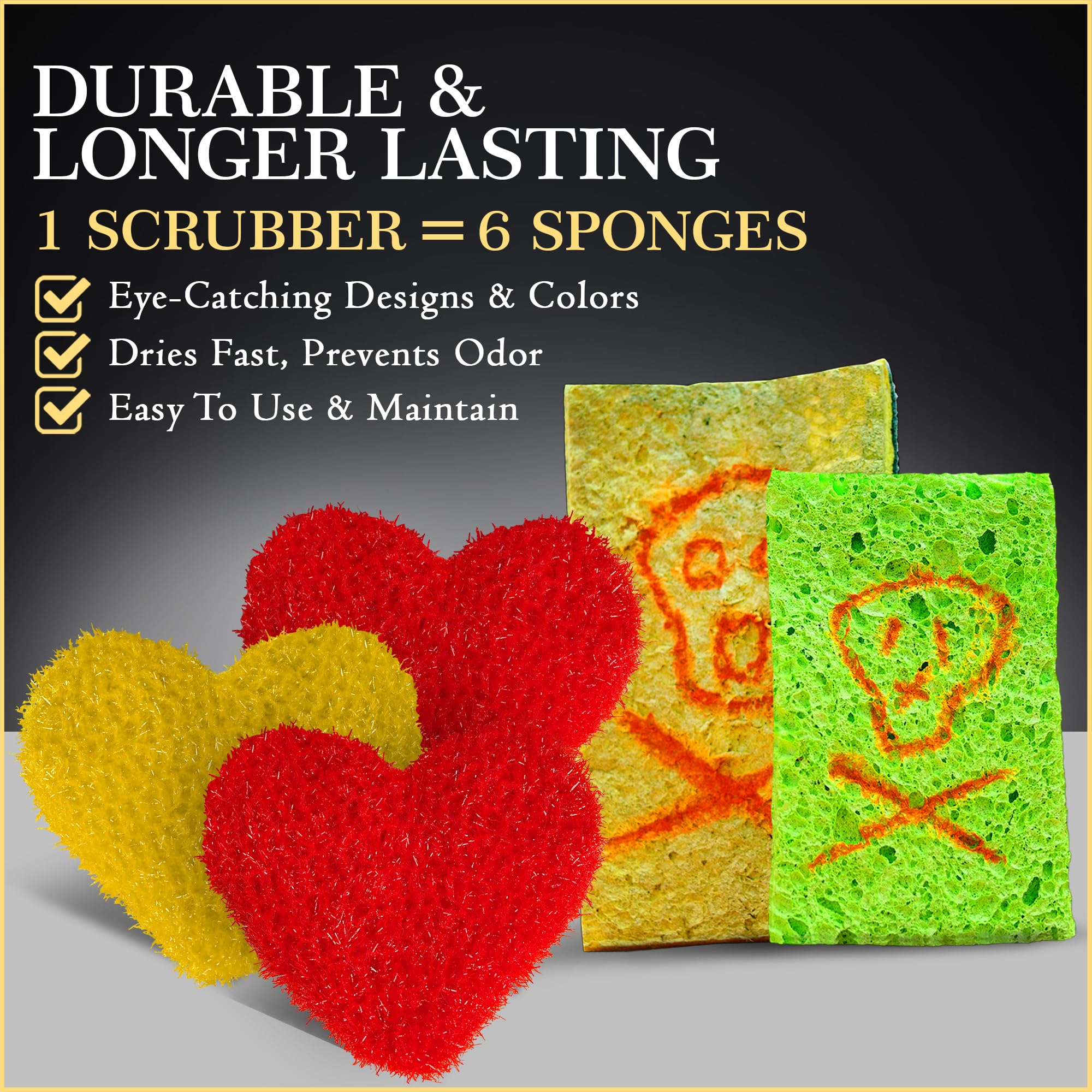 Dish Scrubber–Long Lasting, Non-Scratch, Odorless & Reusable Cookware Scrubber for Kitchen, Bathroom, and Floor–Big & Durable Alternative to Rags & Sponges, Heart Shape (3PK)