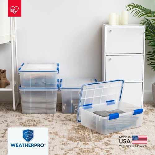 IRIS USA WeatherPro 16 Qt Storage Bins with Lids, 3 Pack, BPA-Free Plastic Gasket Box with Tight Latch and Seal, Stackable Nestable Tote Tub - Clear/Blue
