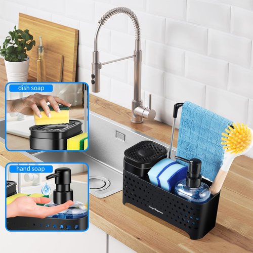 Kitchen Soap Dispenser Set, Sponge Holder for Kitchen Sink, Hand and Dish Soap Dispenser with Sink Caddy - 5-in-1 Design, Non-Slip Drainage Water Kitchen Sink Organizer (Black)