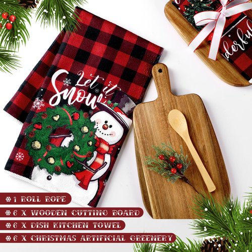 Fanfanwin 6 Sets Christmas Kitchen Gifts Pine Branches Acacia Cutting Board Cooking Spoon Towel Ribbon for Xmas Decoration Friends Family Client Homeowner Apartment Closing Housewarming Favors