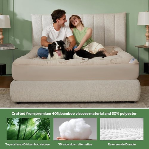 BEDLORE Full Size Mattress Topper - Breathable Bamboo Viscose Pillow Top for Back Pain Relief | Beige, Fits 6"-15" Mattresses