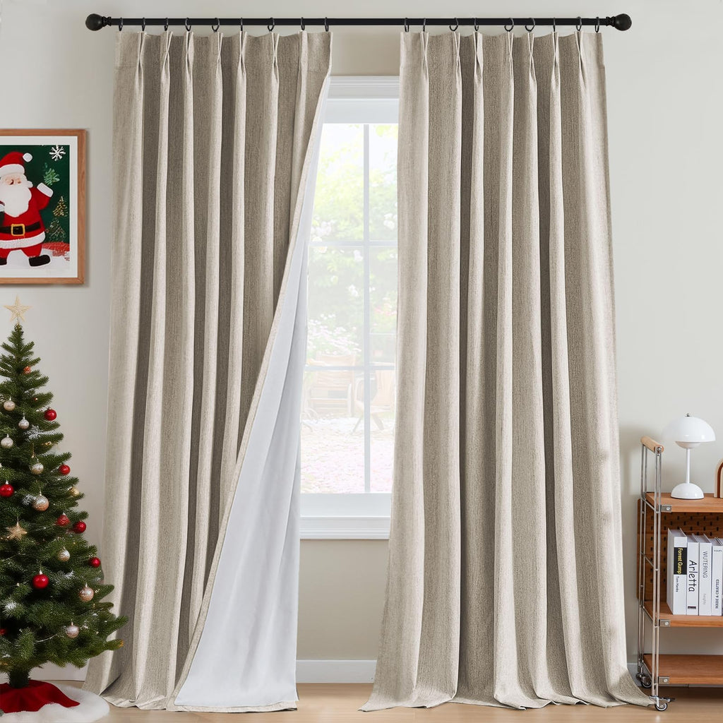 H.VERSAILTEX Pinch Pleated Full Blackout Curtains Linen Blended Chenille Blackout Curtains 84 inch Length 2 Panels Bedroom Thermal Insulated Farmhouse Neutral Track Drapes with Hooks, Heather Natural