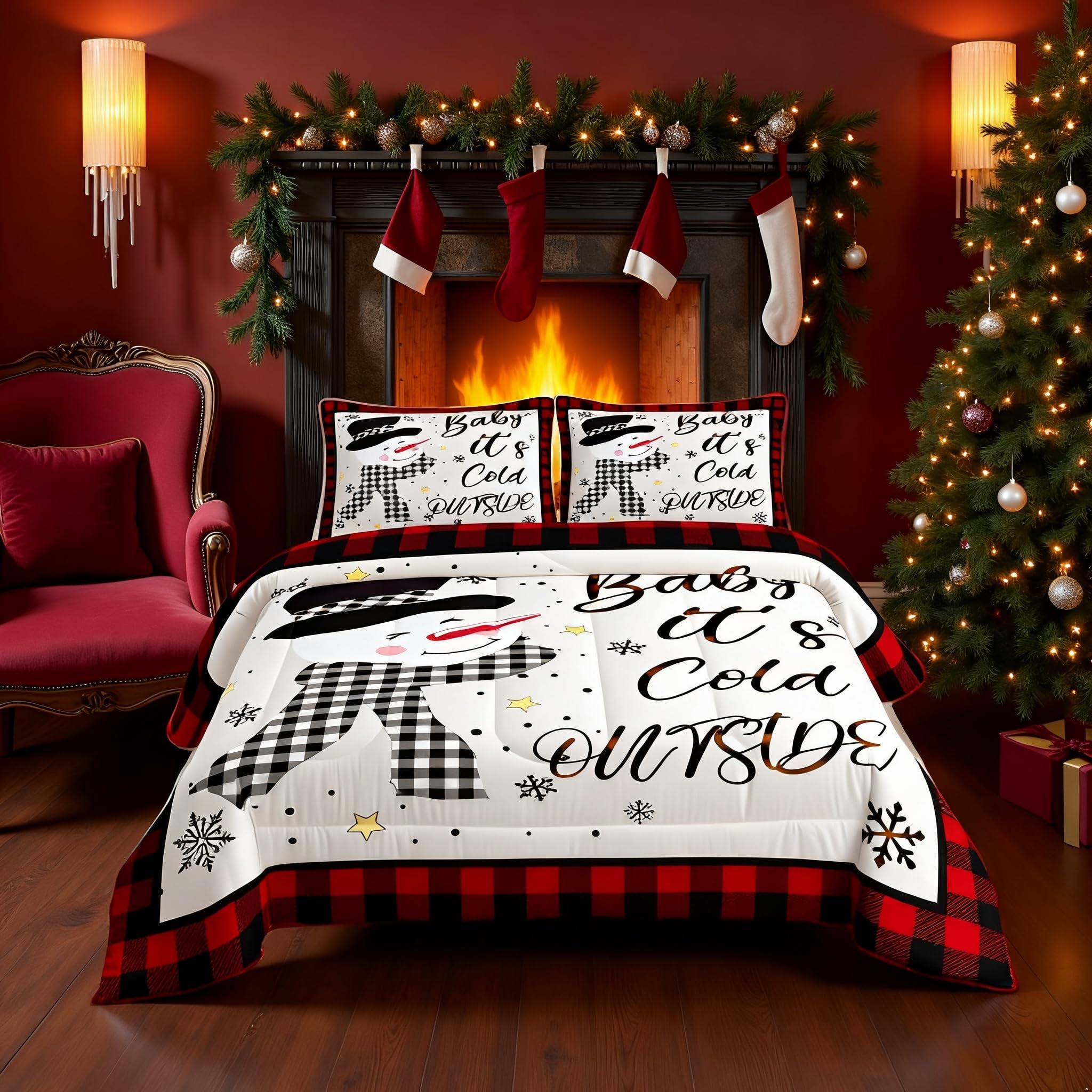 Kids Christmas Snowman Comforter Set Queen Size,Snowflake Winter Bedding Set,Girls Boys Adults Xmas Decor,Geometric Grids Lattices Patch Down Comforter,Red Rustic Vintage Duvet Insert,2 Pillowcases