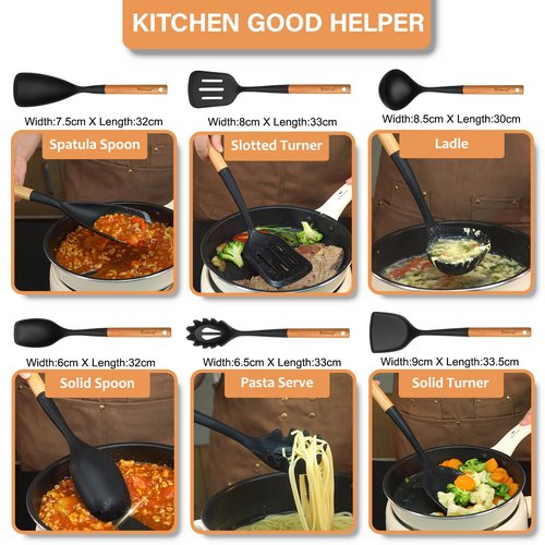 Large Silicone Kitchen Utensils Set, 6 PCS Nonstick Cooking Utensils Set with Wooden Handle, Heat Resistant and BPA Free Silicone Utensil Spatula Set for Cooking with Turner, Spoon and Ladle(Black)