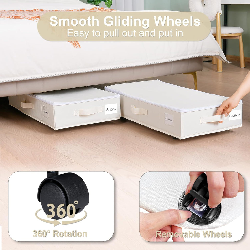 Vincona Under Bed Storage Containers - Rolling 2-Pack with Label Holders for Clothes & Shoes | Beige (30.71x15.7x7.28 in)