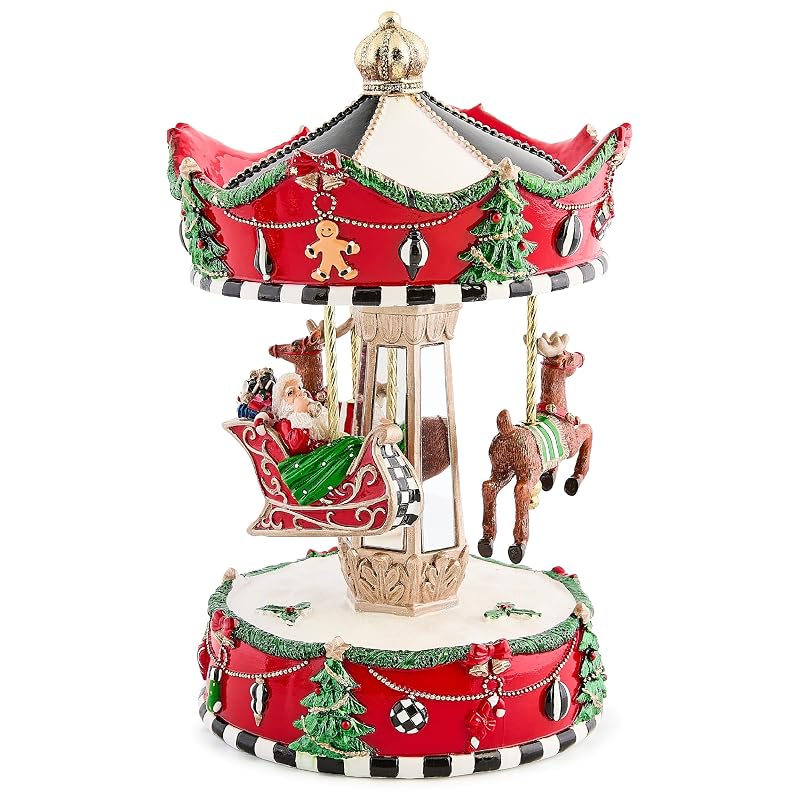 MacKenzie-Childs Resin Christmas Carousel Figurine - Courtly Check Sleigh with Reindeer