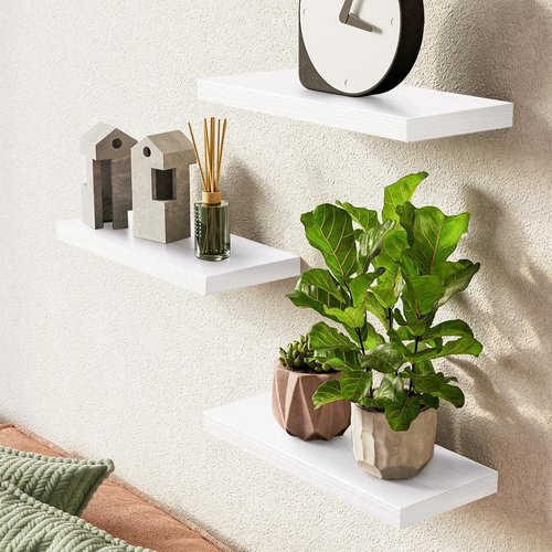 BAYKA White Floating Shelves - Rustic Wood Wall Storage with Metal Brackets | Set of 3, 22lb Capacity for Home Decor