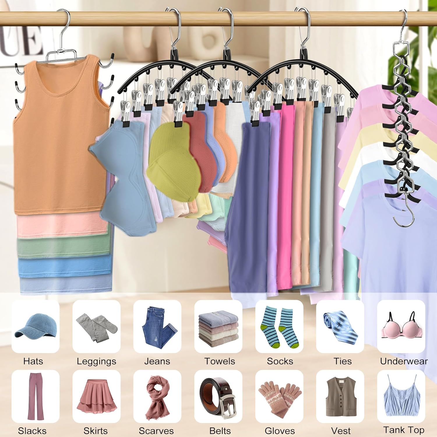 Skiennix 5-Pack Legging Organizer - Space-Saving Closet Hangers with 30 Clips & Tank Top Hanger