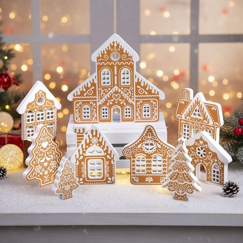 Faccito 9-Piece Wooden Gingerbread House Decor Set - Festive Christmas Village Centerpiece for Indoor Holiday Decorations