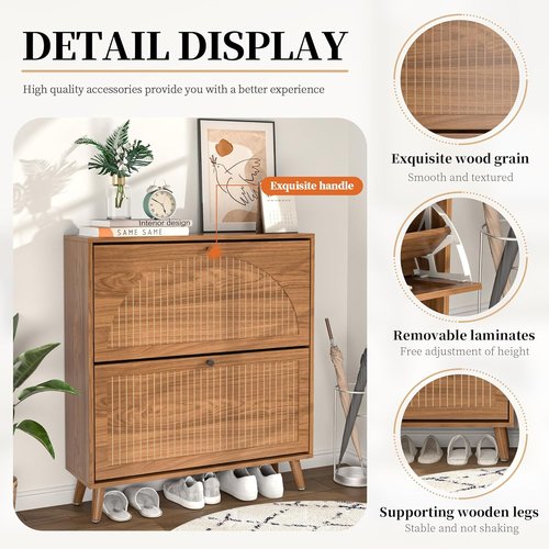 Fsbecl Shoe Storage Cabinet - Narrow Wood Organizer with 2 Flip Drawers | Fluted Panel Design in Walnut