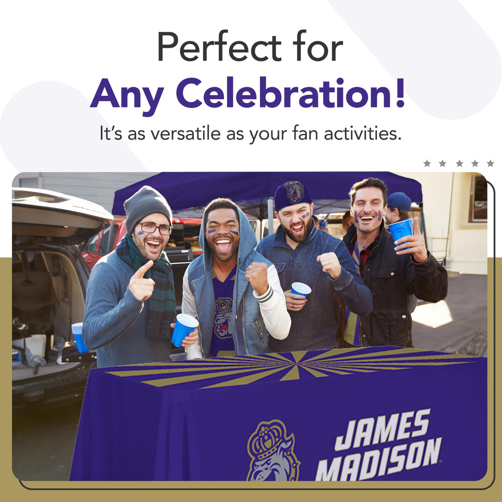 Victory Corps James Madison Dukes College Sports Printed Table Throw - NCAA Licensed - Polyester - School Tablecloth (Black, Purple, Gold) (6' Draped)