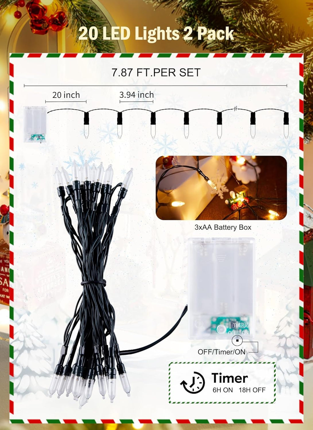 Brightown Christmas String Lights - 20 LED Battery Operated Mini Lights with Timer - 8ft Warm White (2 Pack)