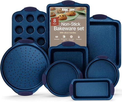 BAKKEN Nonstick Baking Pan Set - Carbon Steel Bakeware with Blue Silicone Handles | Oven Safe Up to 450°F, Set of 8