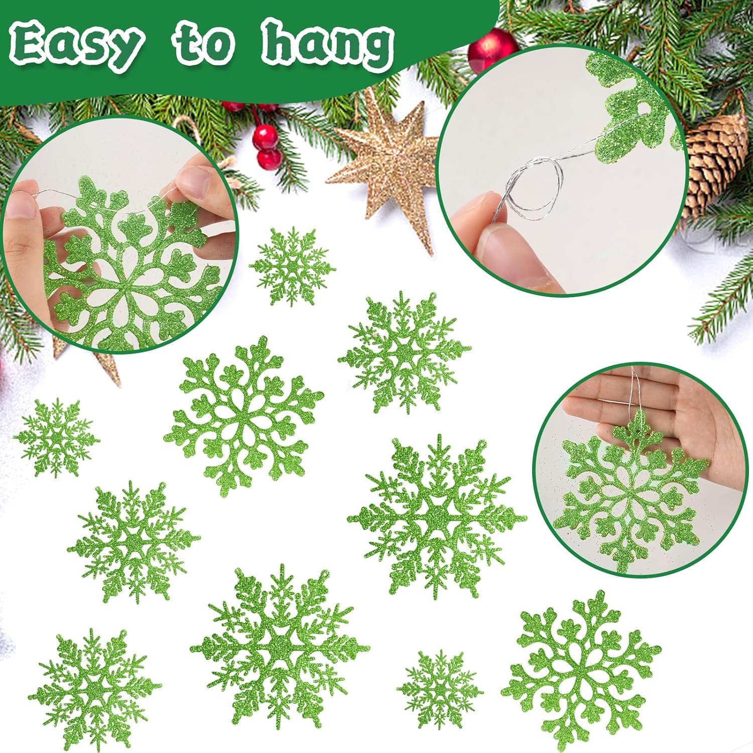 Skiennix 36pcs Christmas Lime Green Snowflake Ornaments - Durable Plastic Hanging Decor for Winter Wonderland & Holiday Home Decor