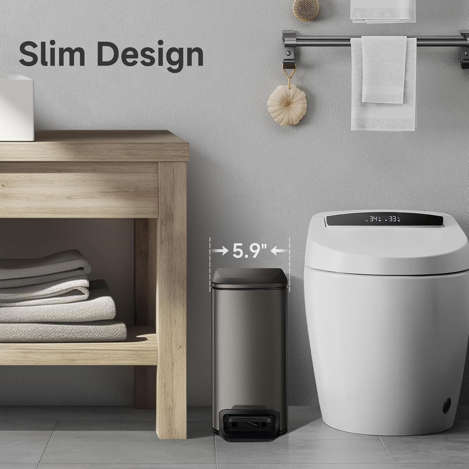 TIPGO Slim Bathroom Trash Can - 6 Liter Stainless Steel Garbage Can with Soft Close Lid | Black Gold