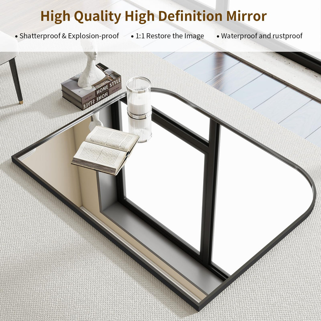 VETROVUE Black Arched Top Wall Mounted Mirror - 38 x 30 Inch Round Cruved Top Bathroom Vanity Mirror, Aluminum Metal Framed, Home Decor for Living Room, Bedroom, Fireplace, Mantle, Entryway