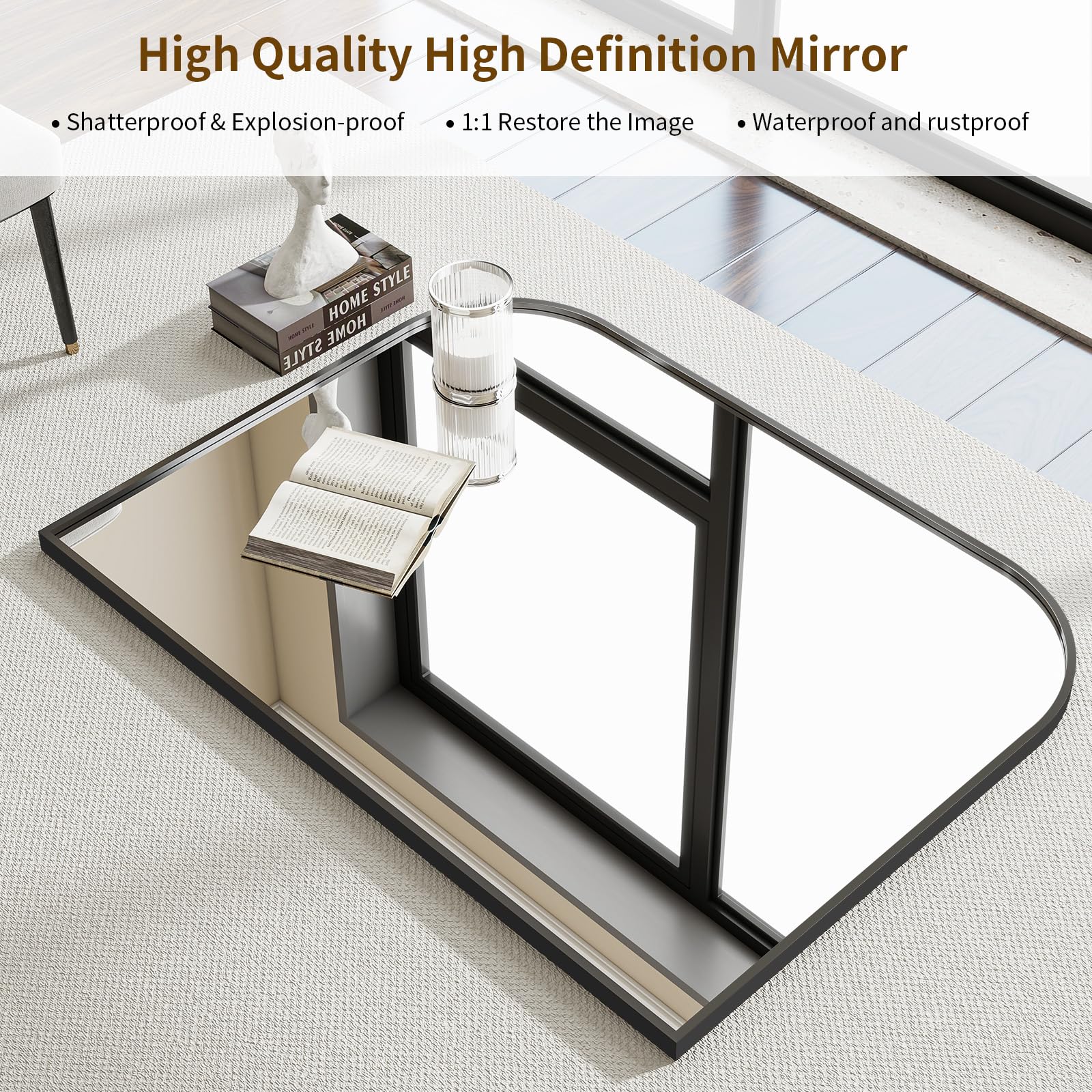 VETROVUE Black Arched Top Wall Mounted Mirror - 38 x 30 Inch Round Cruved Top Bathroom Vanity Mirror, Aluminum Metal Framed, Home Decor for Living Room, Bedroom, Fireplace, Mantle, Entryway