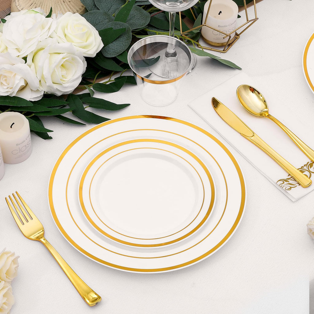 VajilaPhil 350-Piece Gold Rim Plastic Dinnerware Set for 50 Guests, Elegant Disposable Dinnerware for Party, Wedding. Includes Dinner Plates, Dessert Plates, Gold Silverware, Napkins, Cups