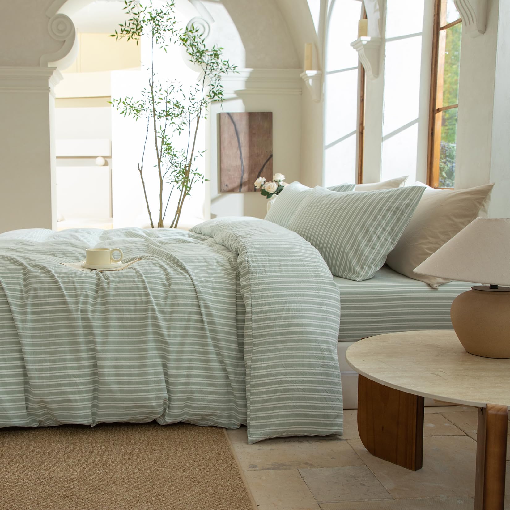 BESTDESIL Sage Green and White Striped Duvet Cover,100% Washed Cotton Breathable and Linen Like Bedding Set(Strip-Sage Green/White,Full)