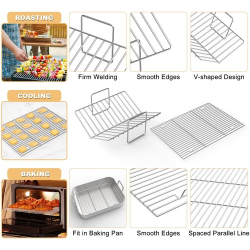 EWFEN Roasting Pan,17*13'' Stainless Steel Turkey Roaster with Rack - Deep Broiling Pan & V-shaped Rack & Flat Rack,Non-toxic & Heavy Duty,Great for Thanksgiving Christmas Roast Chicken Meat Lasagna