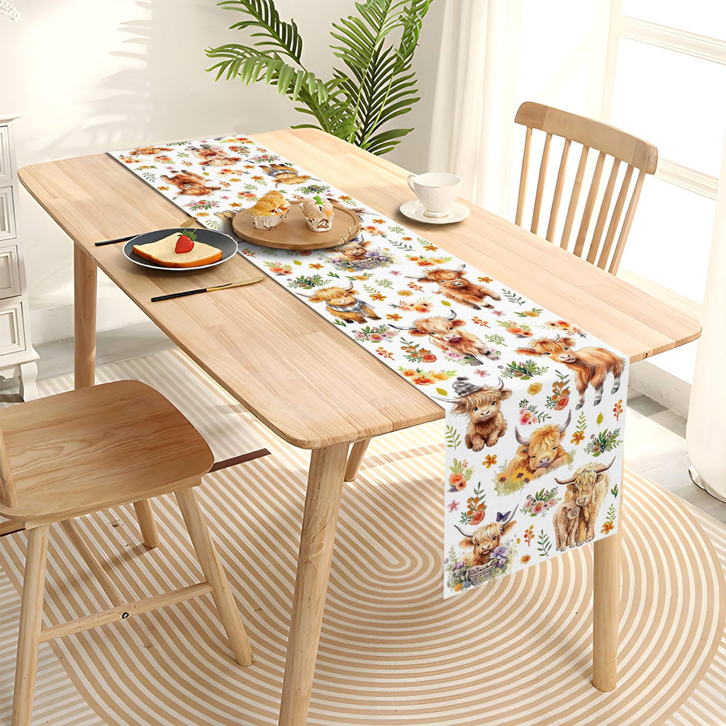 Heyfary Highland Cow Table Runner Spring Summer Fall Cowgirl Cowboy Floral Western Birthday Party Decorations Home Kitchen Dining Room Table Decor