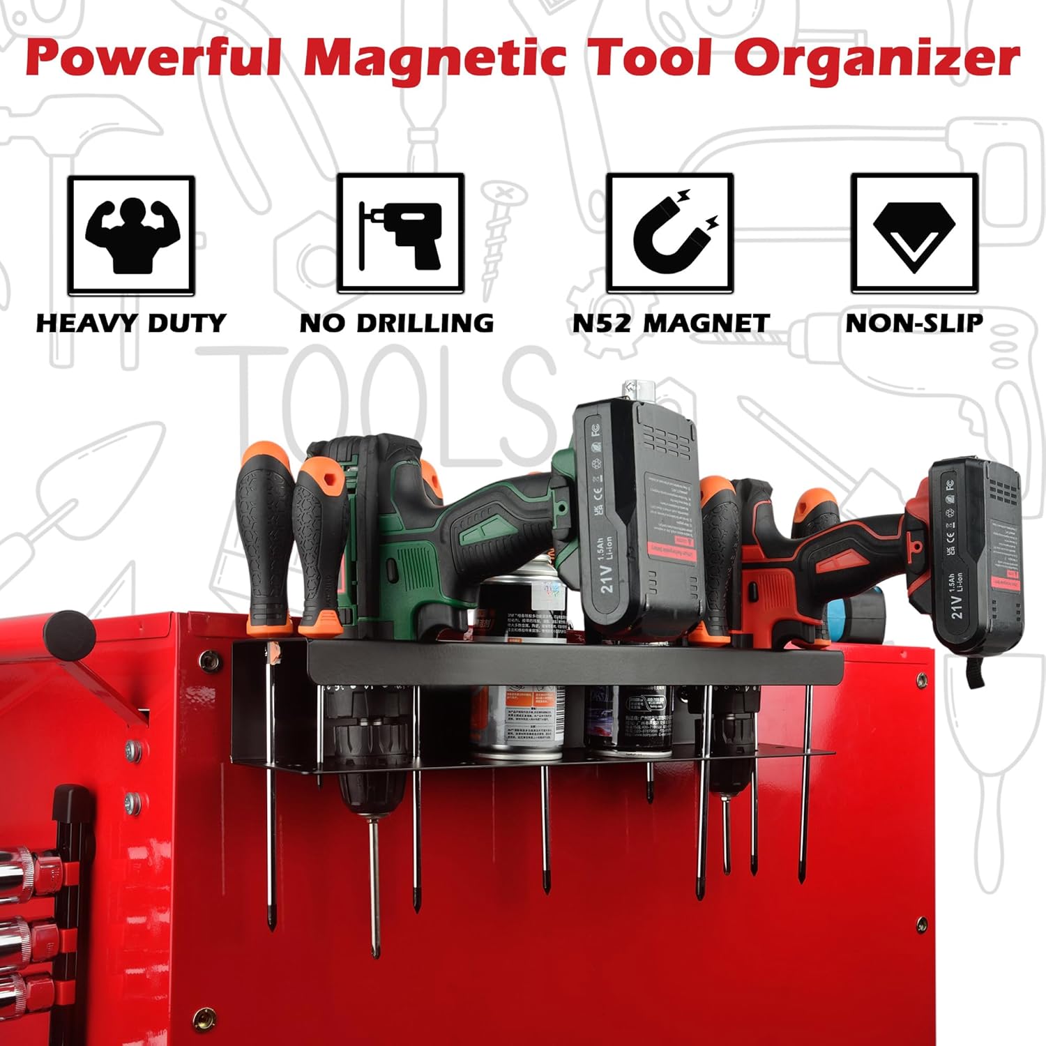 ULIBERMAGNET Power Tool Organizer Rack - Heavy Duty Magnetic Wall Mount for Spray Bottles & Tools | Garage Storage Solution