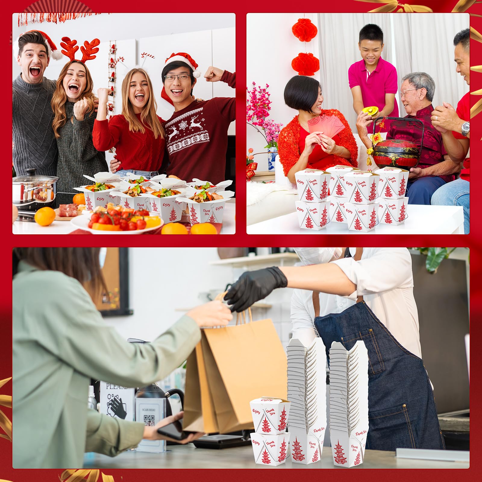 Nitial 150 Pcs 8 oz Chinese Take out Boxes Pagoda Take out Food Container Disposable Chinese Containers Food Boxes for Picnic, Restaurants, Asian Theme Party Favors Decorations