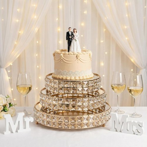 Goaste 3 Pack Crystal Cake Display Stand with Mirror, 14" 12" 10" Metal Pedestal Gold Round Cake Plate Stand, Dessert Cookies Fruit Serving Tray with Shining Crystal Beads for Wedding, Birthday Party