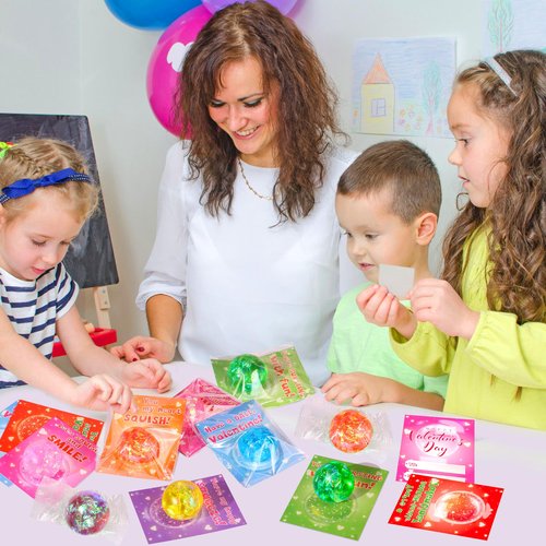 24 Pack Valentines Day Gifts for Kids Classroom Stress Balls with Valentines Cards for Kids School, Stress Relief Squeeze Toys Valentines for Class Party Favors for Boys Girls Classroom Exchange Gift